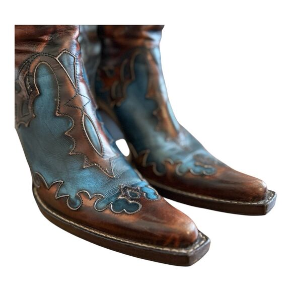 Free Lance Paris Boots Womens Sz EU 36.5 Brown Blue Leather Western Block Heels - Picture 1 of 13